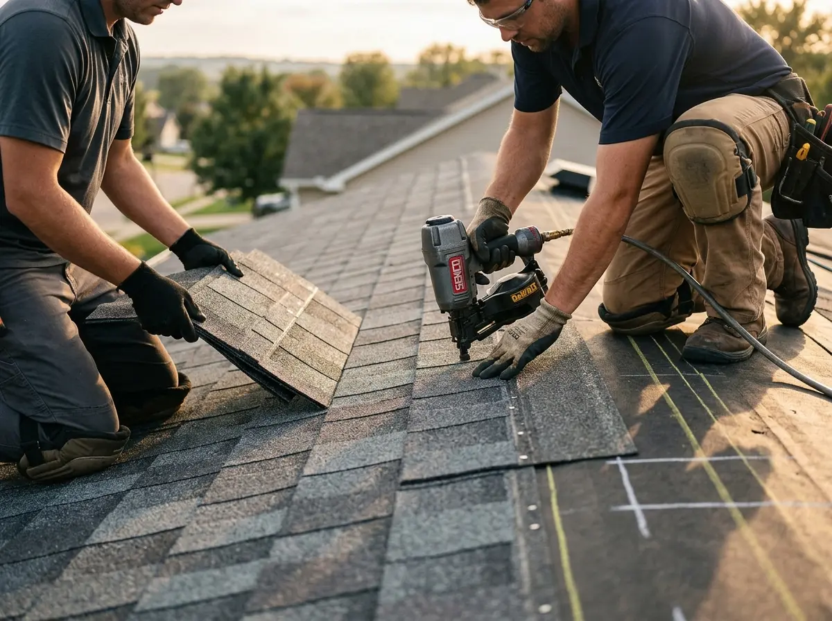 Professional roofer working on a residential roof in Mascotte